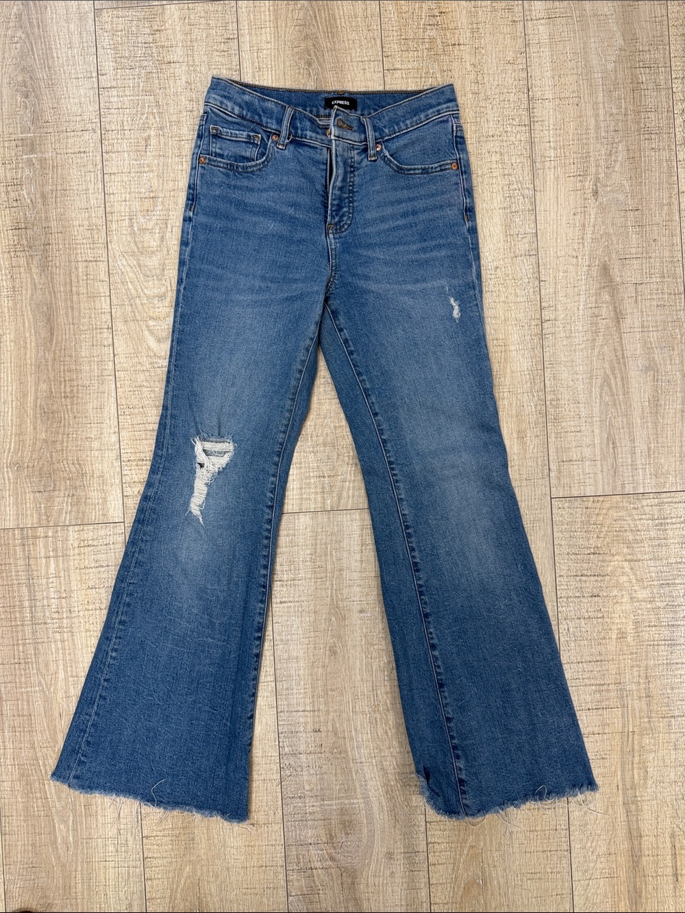 Express Medium Blue Distressed Flare Jeans